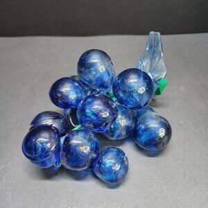 Vintage Handblown Art Glass Grapes Berries Cluster Cobalt Blue with Leaf